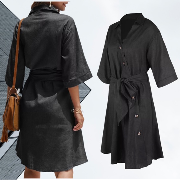 Black Denim Tie Waist Button Down V Neck Dress - Picture 9 of 10